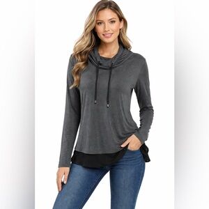 ONLY Women’s Gray Cowl Neck Top S/P Long Sleeve Layered Hem Athleisure Pullover